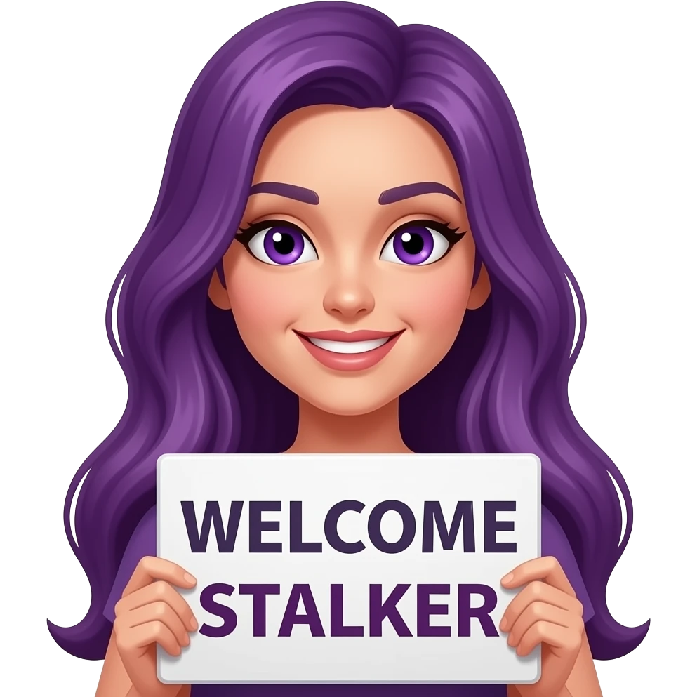 sexy girl with long purple hair and purple eyes holding a WELCOME STALKER sign emoji