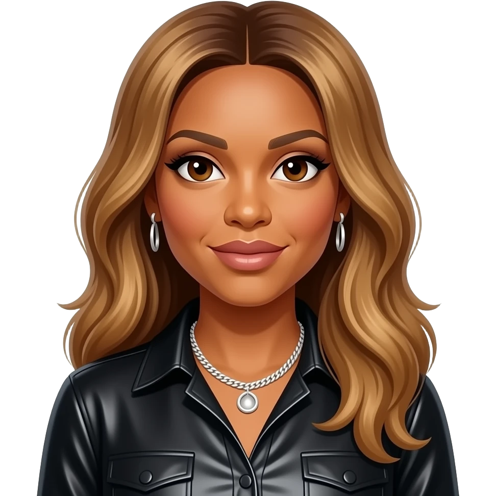 Queen Latifah with dark brown eyes, long golden brown hair, black metallic shirt, silver necklace and earrings emoji