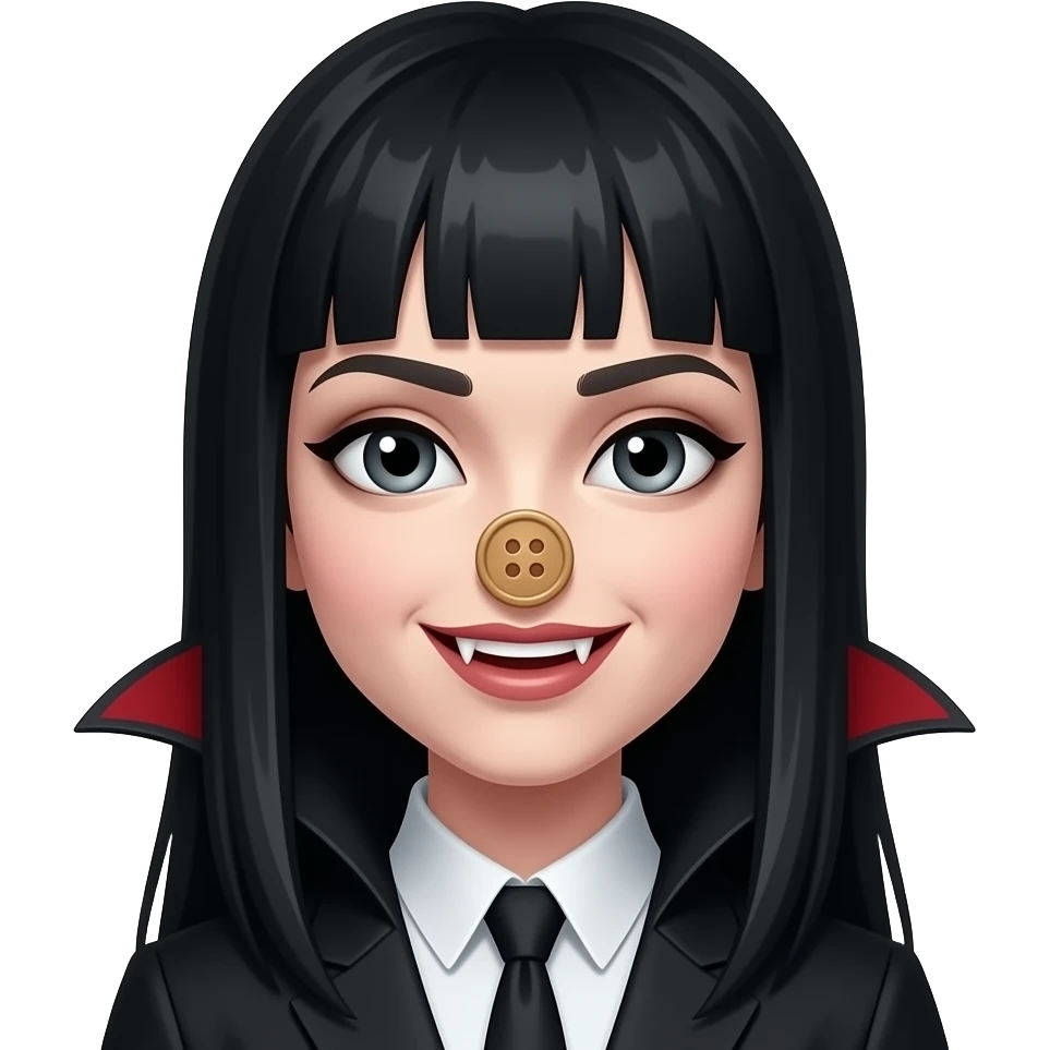 Black hair vampire girl with button shaped nose facing forward with fangs showing emoji