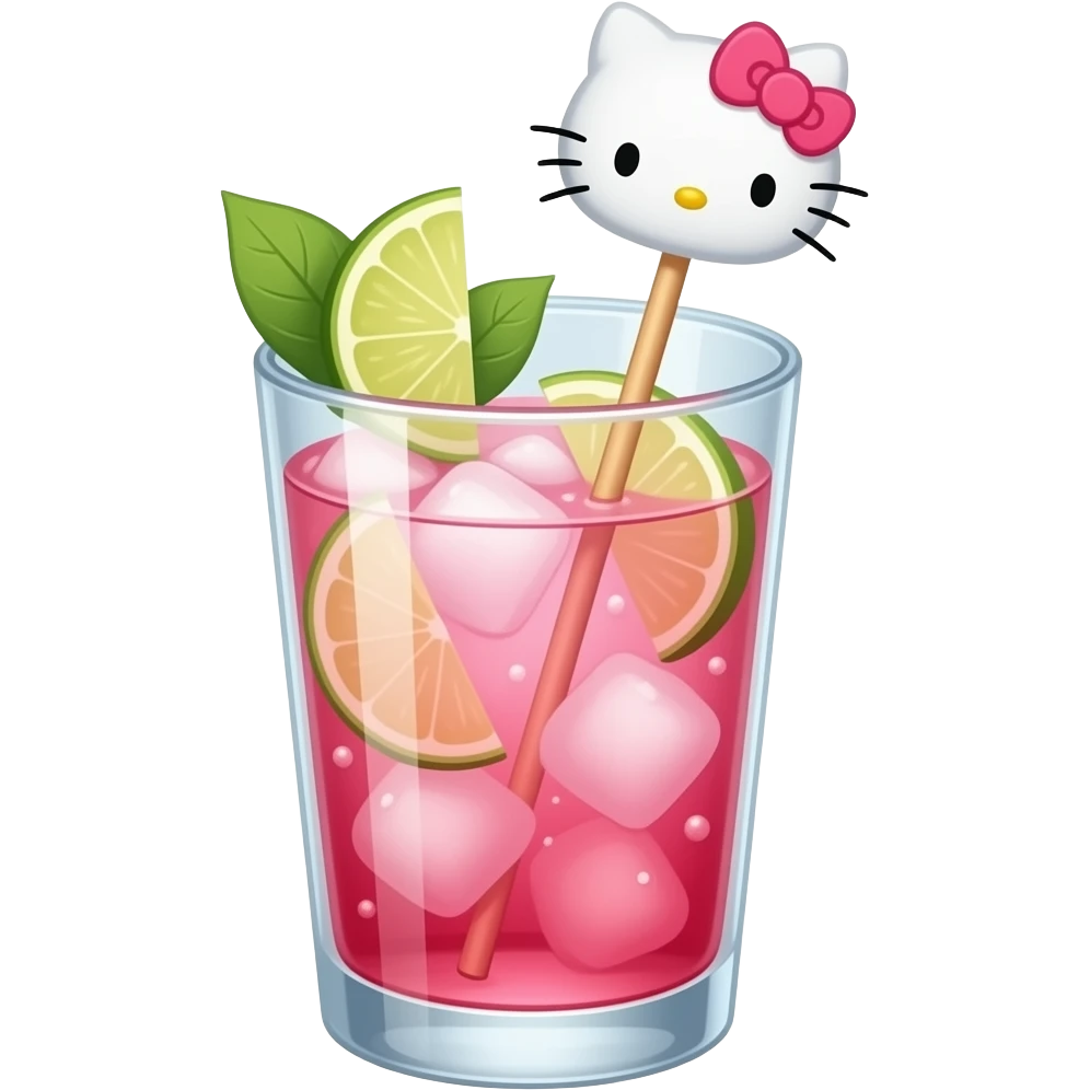 hello kitty themed cocktail with actual hello kitty illustration as a swizzle stick emoji