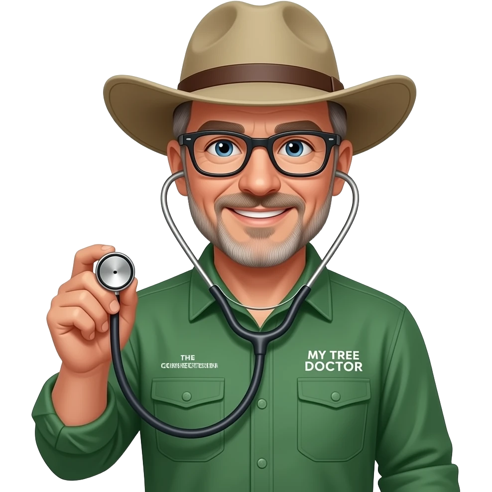 smiling middle-aged man blue eyes. Dark rectangle glasses, in green-collared, long-sleeve shirt.  Flatter wider-brim Australian Akubru hat. Holding a stethoscope. Insert 'THE GREEN CONNECTION' in white directly onto the left pocket & onto the right pocket, place only the words 'MY TREE DOCTOR' emoji