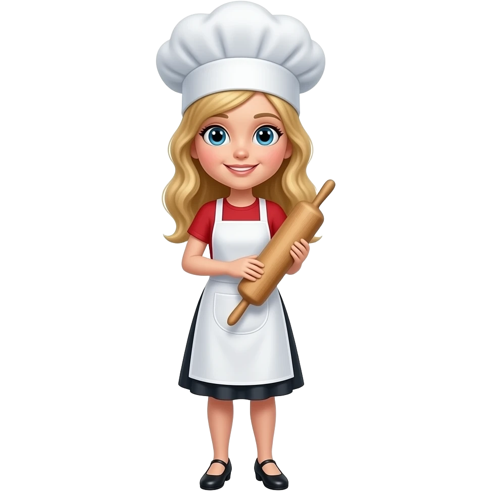 White girl long blond hair dressed in white chef hat and white apron, baking emoji