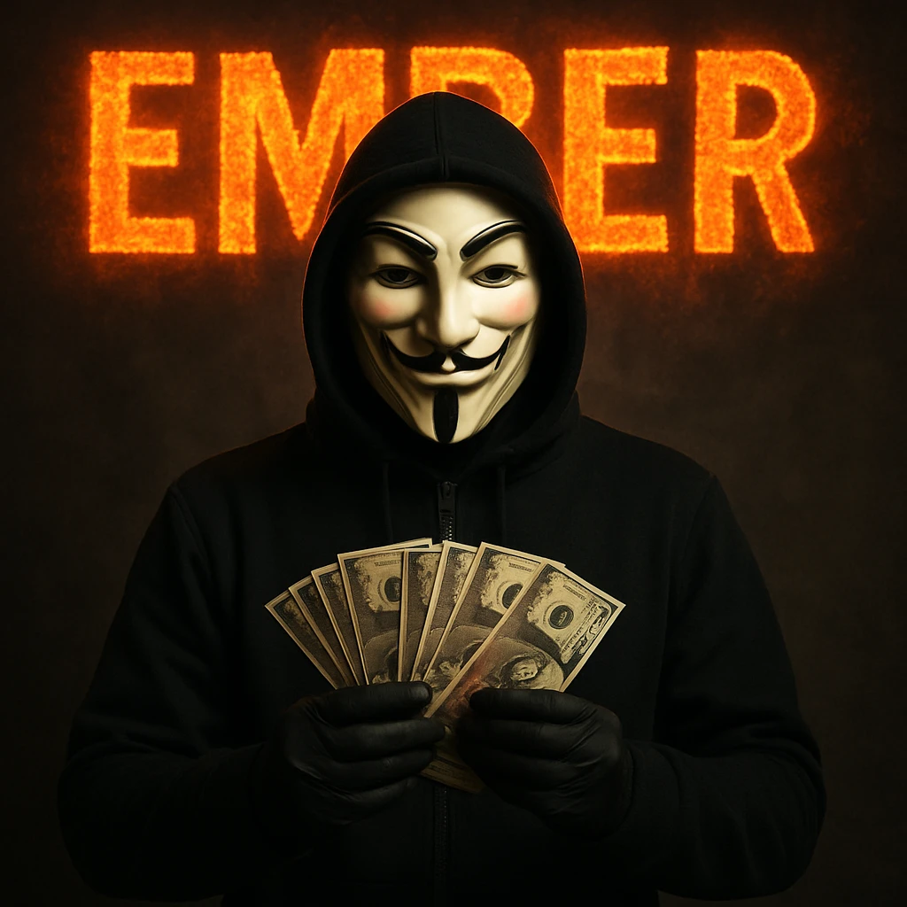 A man in black clothes with an Anonymous mask, holding money, ember text emoji