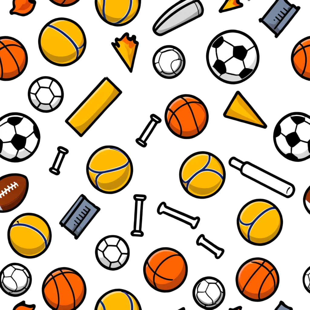 Multiple sports balls and equipment exploding outward in a boom emoji