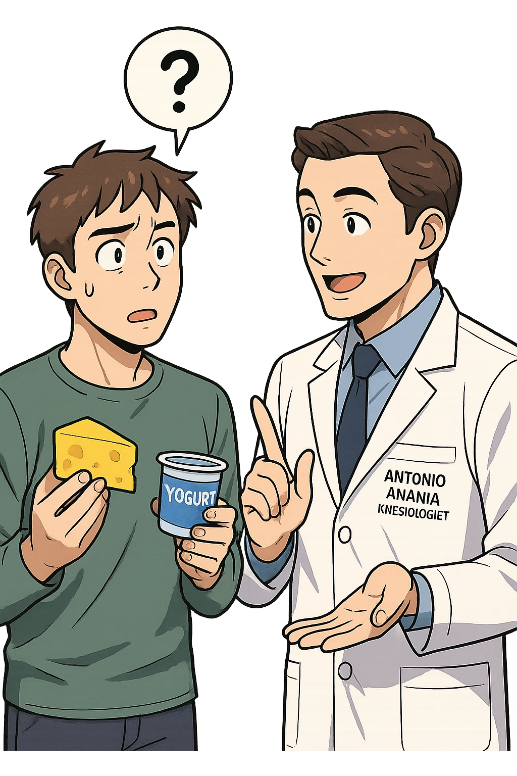 fai un webtoon manga a colori con questo stile, in cui un uomo fa una domanda al kinesiologo con il camice bianco (fagli anche la scritta "ANTONIO ANANIA" SUL CAMICE, l'uomo chiede una cosa mostrando un formaggio e uno yogurt al kinesiologo con il camice, IL KINESIOLOGO annuisce e SPIEGA ALL'UOMO UNA cos. L'UOMO ha un ESPRESSIONE CONFUSA IN VOLTO. non fare i fumetti però, fai solo in modo che sembri stiano parlando emoji