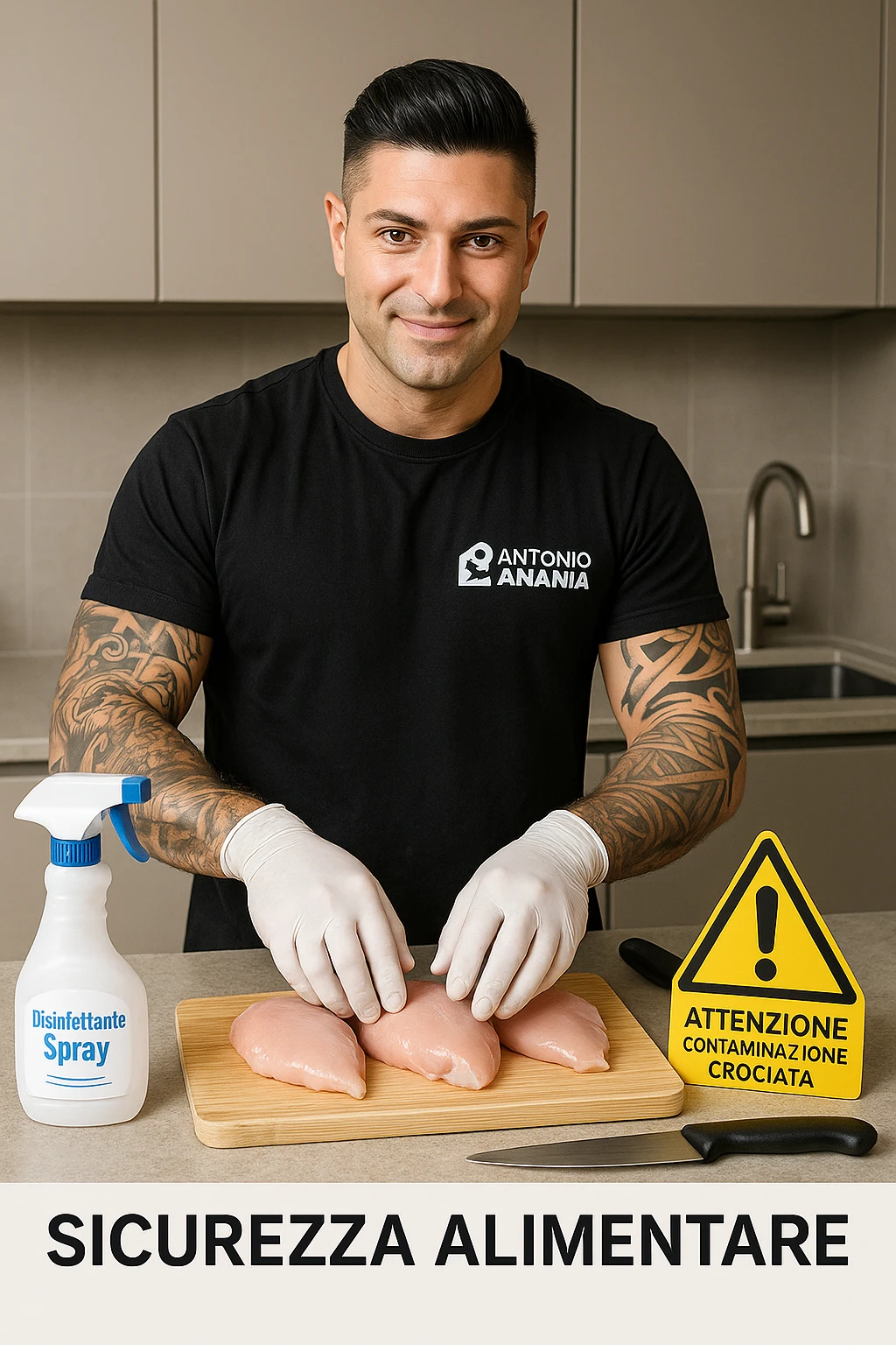 a man person in a modern kitchen handles raw chicken breasts on a cutting board, wearing disposable gloves. Nearby, a bottle of disinfectant spray, a separate knife for vegetables, and a warning sign about cross-contamination are clearly visible. The mood is educational, emphasizing safe food handling. in italiano emoji