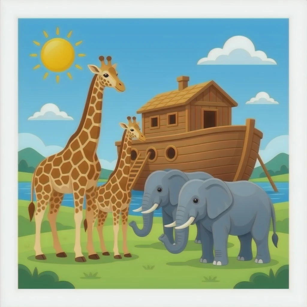 Noah’s Ark with Noah and two giraffes and two elephants emoji