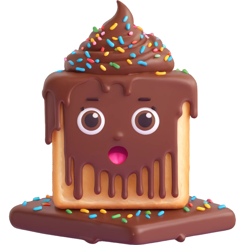 Rectangular chocolate mini pastry, messy chocolate dripping, sprinkles flying, surprised eyes, open mouth, text above: "ПАСТИЧКА", chibi style, Twitch emoji style, transparent background, colorful
 emoji