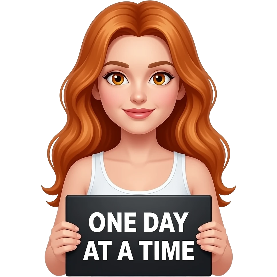 sexy girl with long ginger hair and ginger eyes wearing a white tanktop is holding a black sign with ONE DAY at a TIME written on it emoji