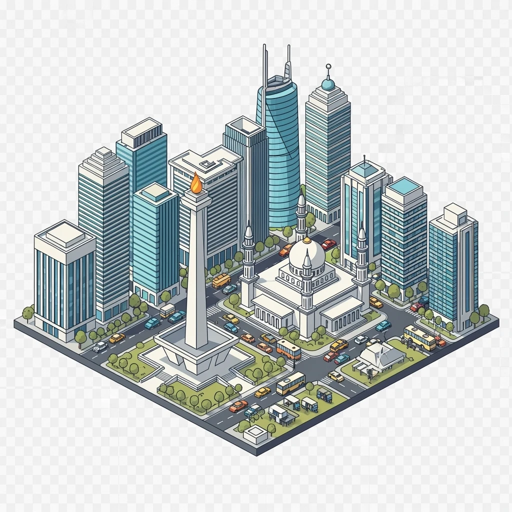 Isometric minimalistic illustration of Jakarta Monas (National Monument), Istiqlal Mosque, skyscrapers of Sudirman CBD, bustling streets with traffic and tuk-tuks, subtle 3D miniature effect and Tilt Shift effect, no cartoonish look, transparent background. emoji