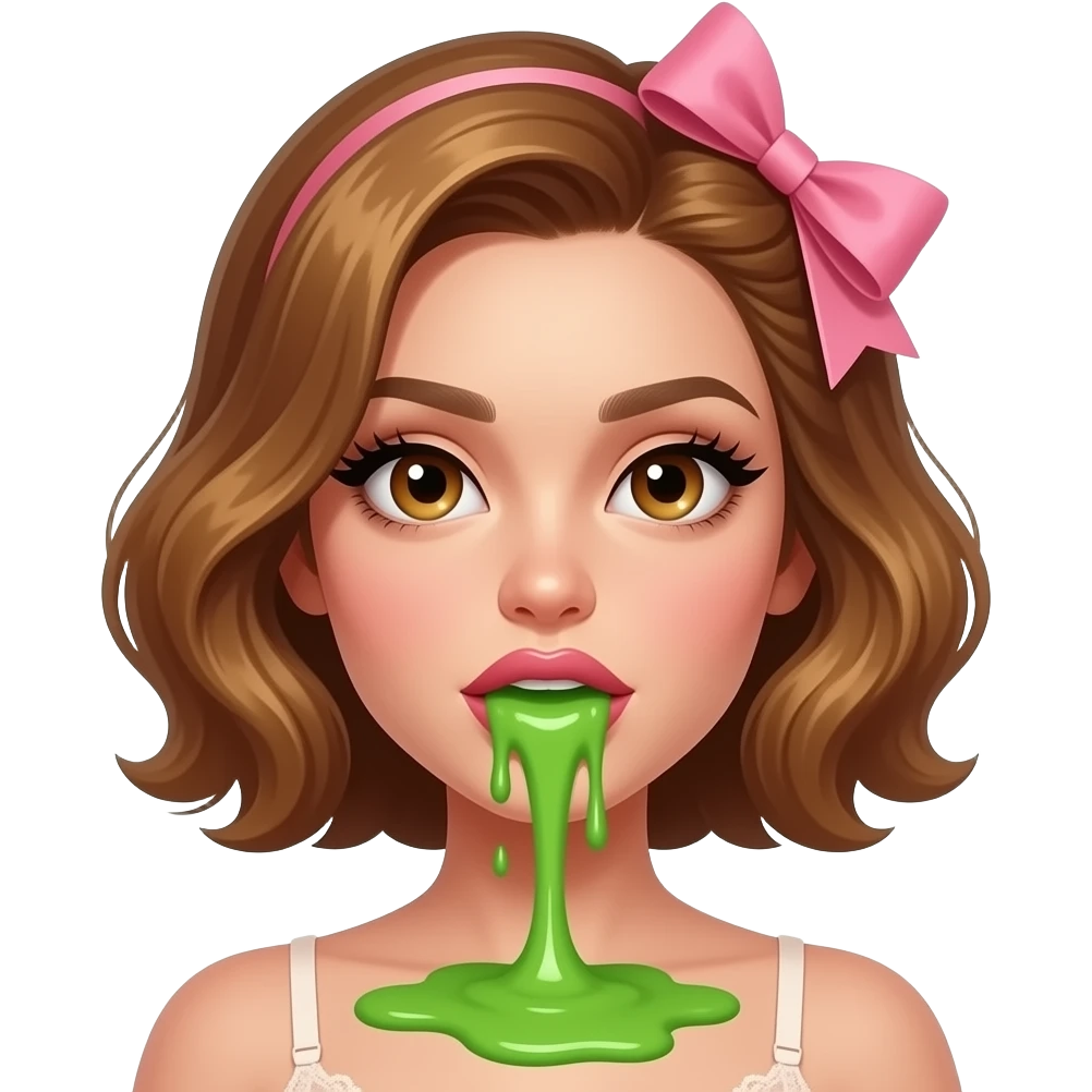 glamours,-tanned,-very-beautiful-woman-with-big-plump-rose-beige-lips,-long-lashes,-honey-silky-very short- hair,-wavy-hair,-with pink bow in hair -hazel-eyes-wearing-nude-lace-lingerie-nude-stilettos,-vommiting-green-puke emoji