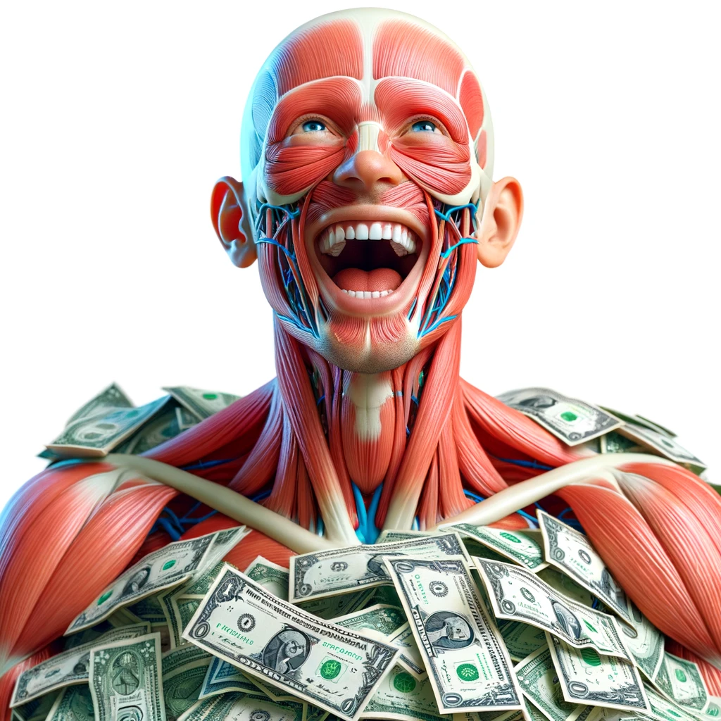 corpo umano anatomico sereno e felice con una montagna di banconote davanti, espressione stupita, iperrealistica 4k, isolato su sfondo bianco emoji