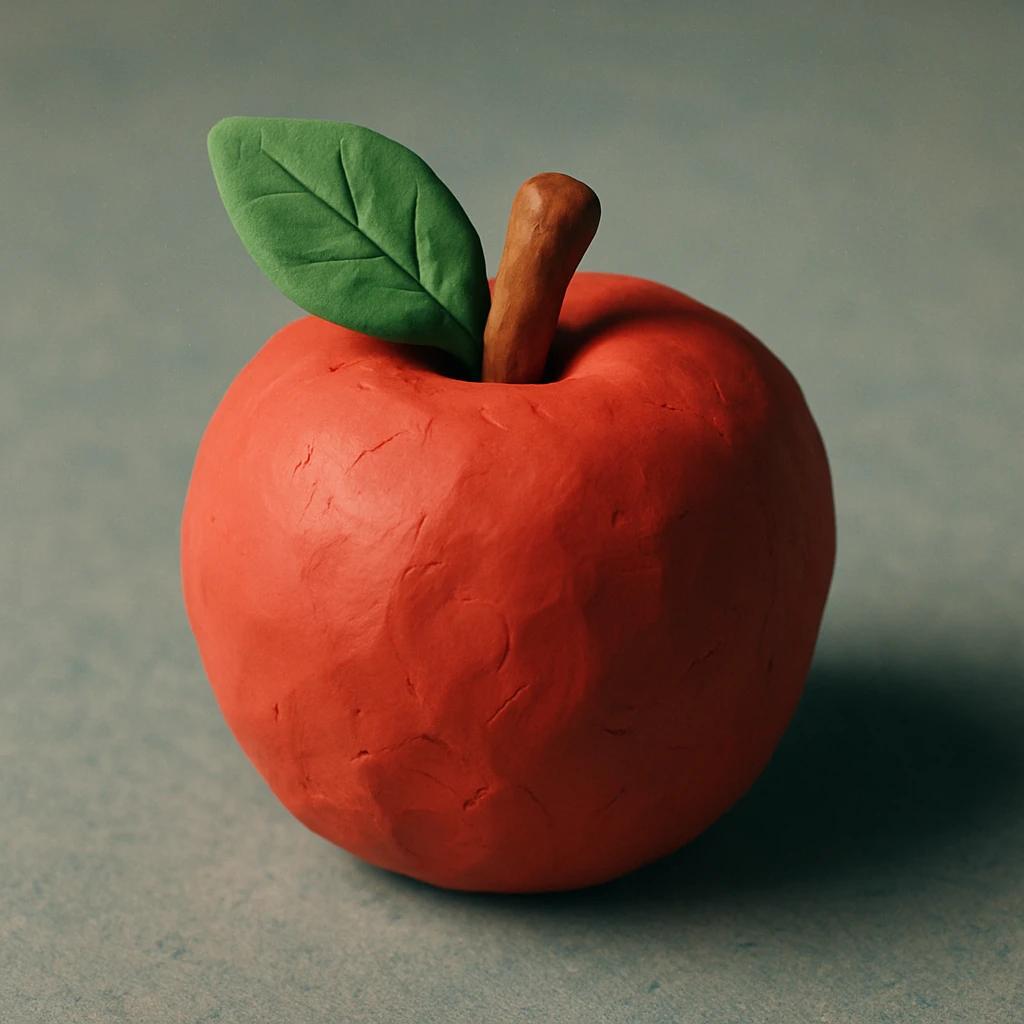 a red apple with a green leaf, claymation style emoji
