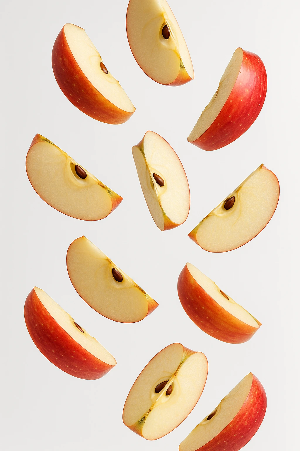 spicchi di mela cadono dall'alto, sfondo bianco realistica 4k emoji