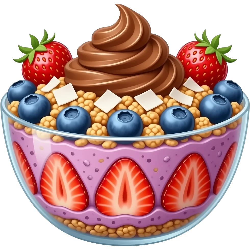 clear bowl layered acai with strawberries and blueberries  granola coconut flakes with nutella drizzle emoji