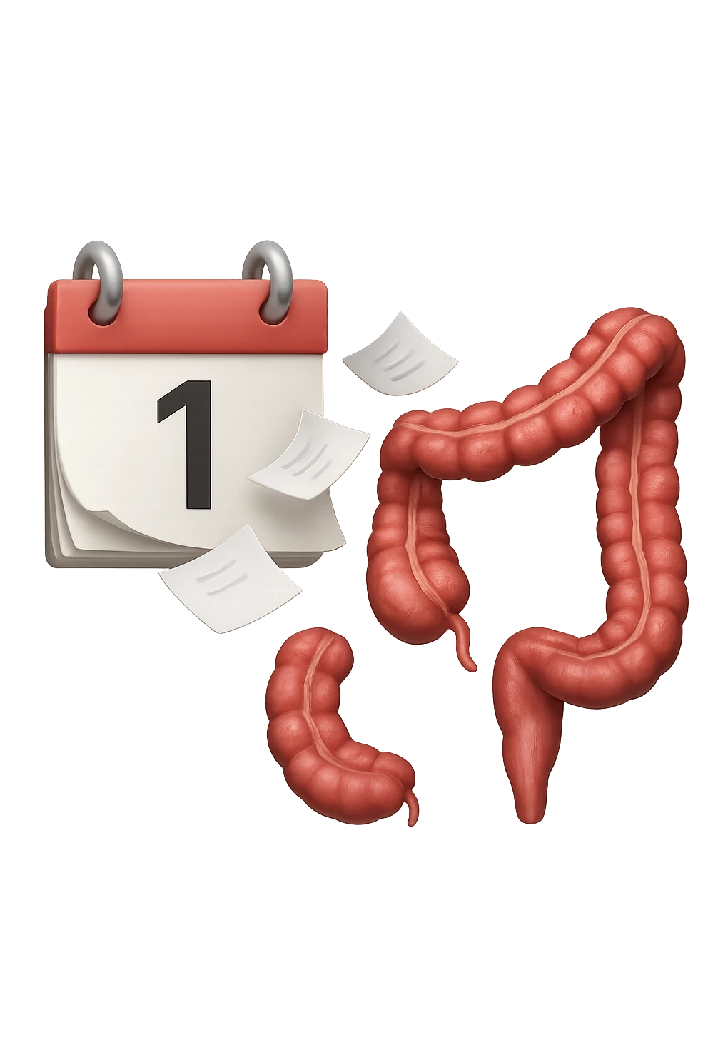 emoji stile iphone di un calendario con fogli che volano insieme a pezzi anatomici di colon umano, iperrealistico 4k, isolato su sfondo bianco emoji
