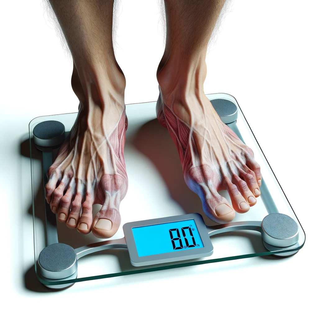 piedi di un corpo umano anatomico su una bilancia pesapersone, si sta pesando perché è ingrassato, iperrealistico 4k, isolato su sfondo bianco emoji