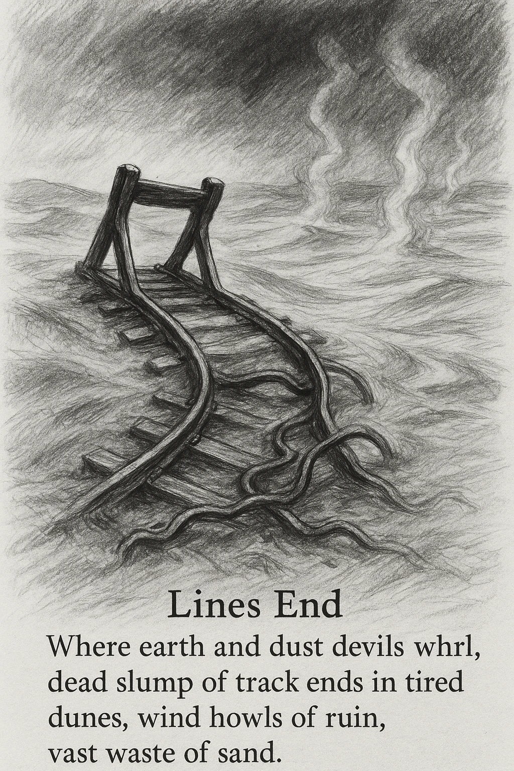 black and white pencil sketch inspired by the poem 'Lines End', showing a desolate, slumping railroad track ending abruptly in a barren landscape of dunes and sand, twisted rails, sense of ruin, vast empty wasteland with wind, earth, and dust devils, dramatic lighting, no background clutter, poem text included in regular font flowing along the bottom or side of the sketch emoji