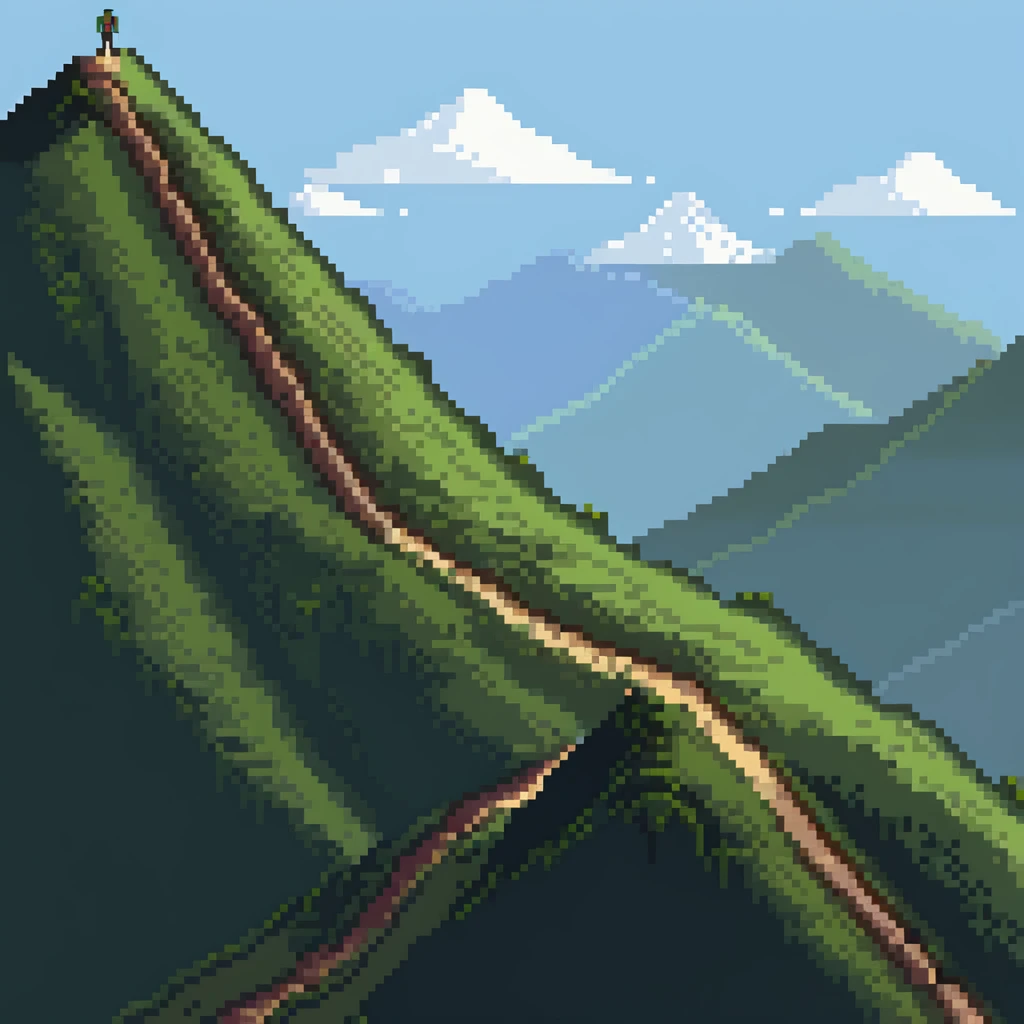 person traversing down one mountain and up another mountain, showing path through a valley emoji