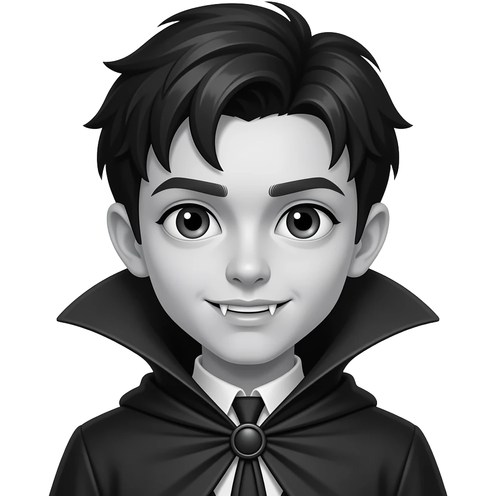 Emoji estilo de un chico vampiro con capa, rostro originalmente pero convertido completamente a escala de grises. Expresión neutral con ojos grandes, colmillos visibles, cabello corto oscuro, capa con cuello alto. emoji