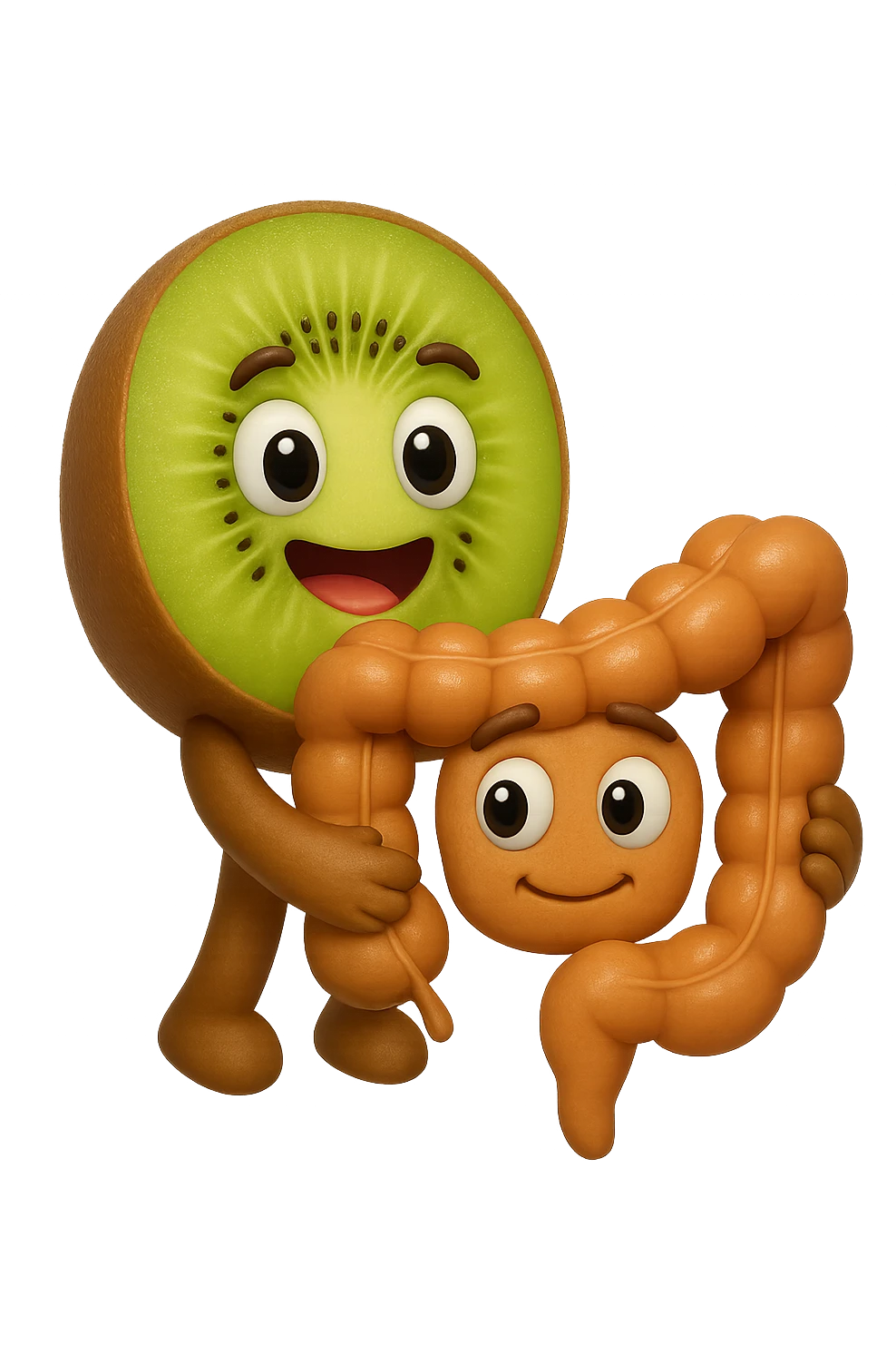 emoji stile iphone di kiwi fluttuano in aria tenendo in mano un pezzo di colon con espressione felice in volto, iperrealistico 4k emoji