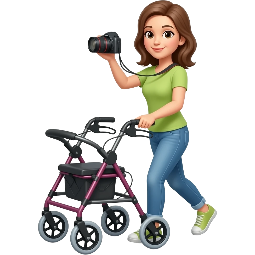 vrouw met fotocamera achter outdoorrollator lopen, deze is goed, alleen sportievere moderne meer outdoor rollator emoji