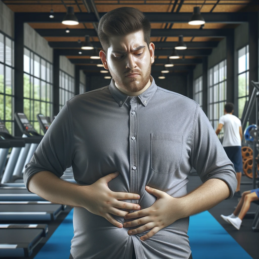 UOMO IN PALESTRA LEGGERMENTE SOVRAPPESO, SI TOCCA LA PANCIA CON ESPRESSIONE DISPIACIUTA IN VOLTO, iperrealistico 4k emoji