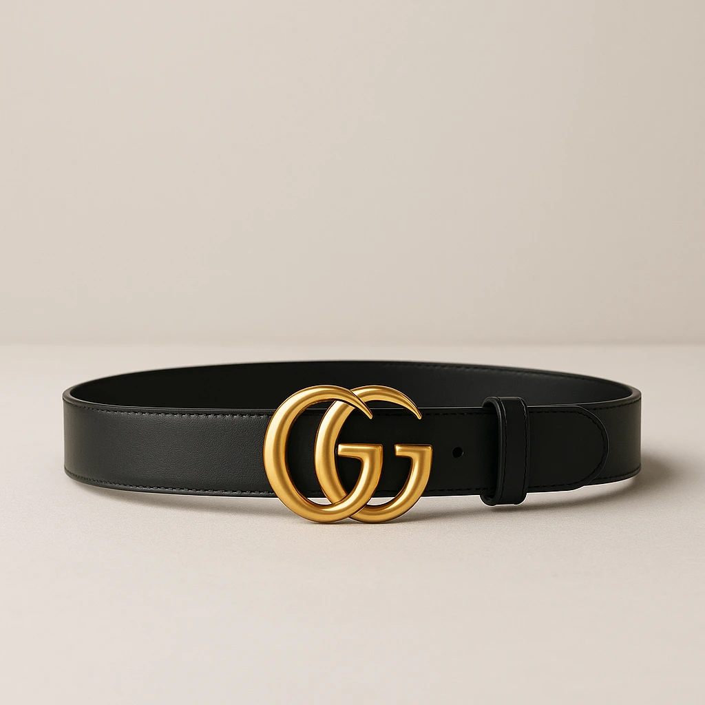 a Gucci belt, luxury fashion accessory, gold GG buckle, black leather, elegant, minimal background emoji