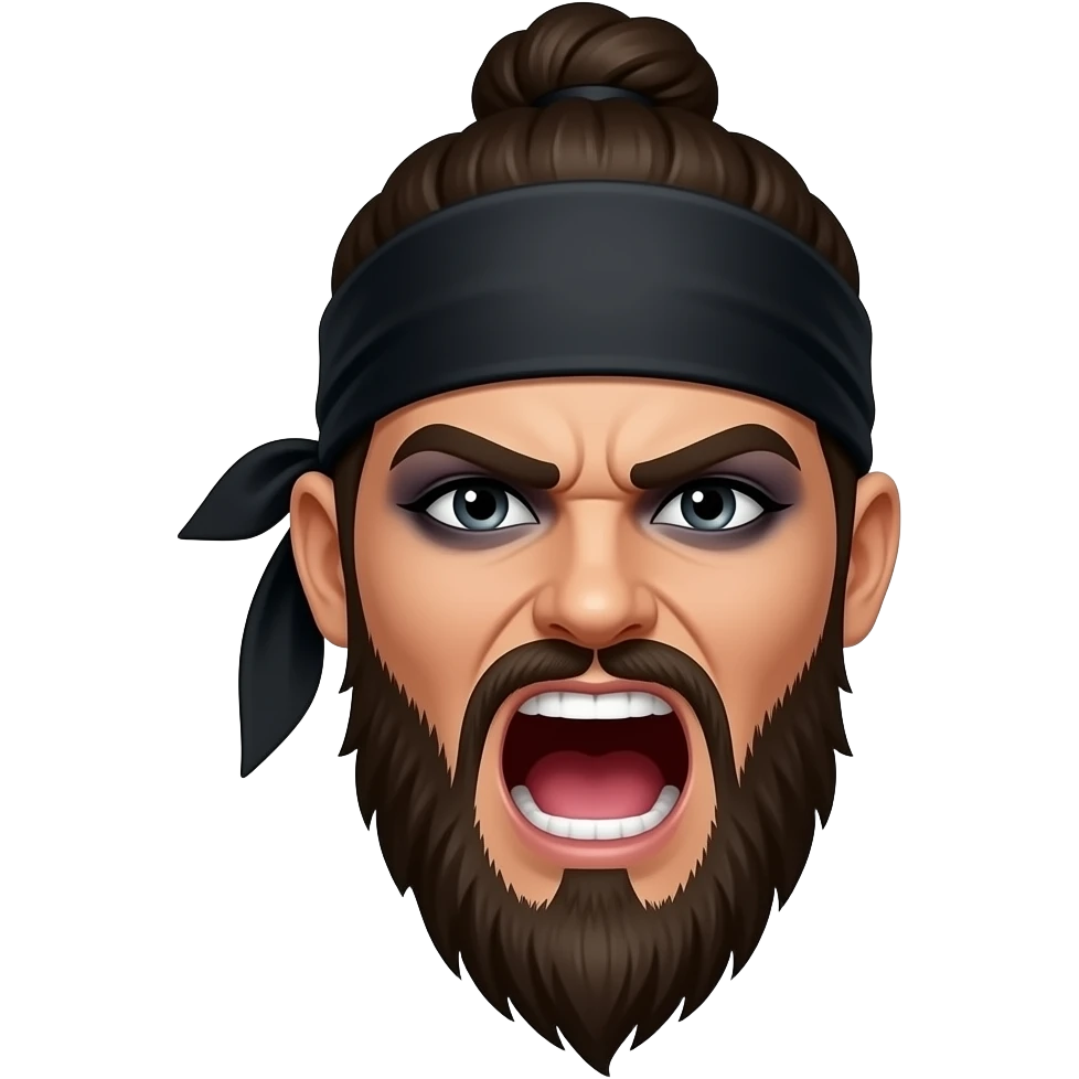 Intense scream like a sing face Captain jack sparrow looking Hair color in pony /man bun/top knot black bandana more eyeliner trimmed full beard stubble with long goatee, thicker stubble a lot and wider long goatee, add mascara, eye liner and eye shadow.. all dark eye make up emoji