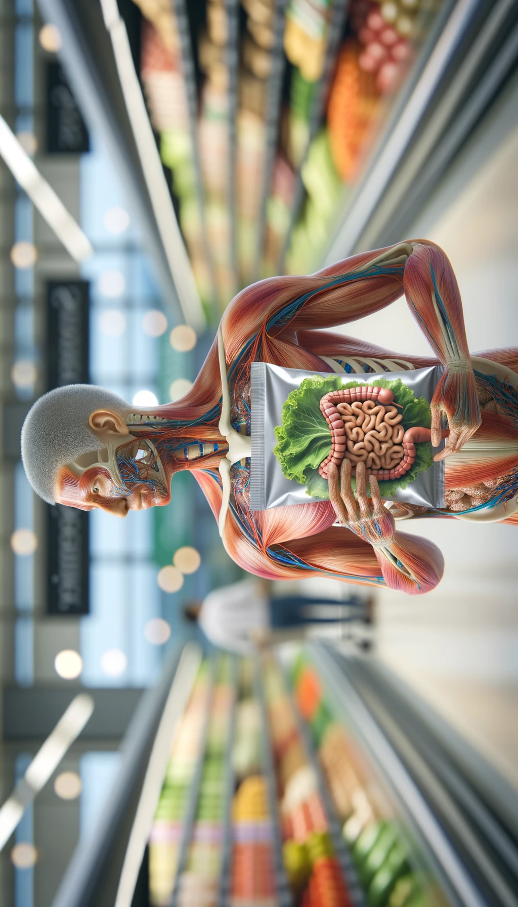 corpo umano anatomico con capelli corti in un supermercato che tiene in mano una busta di insalata di plastica preconfezionata, intestino anatomico realistico in evidenza, supermercato sfocato sullo sfondo emoji