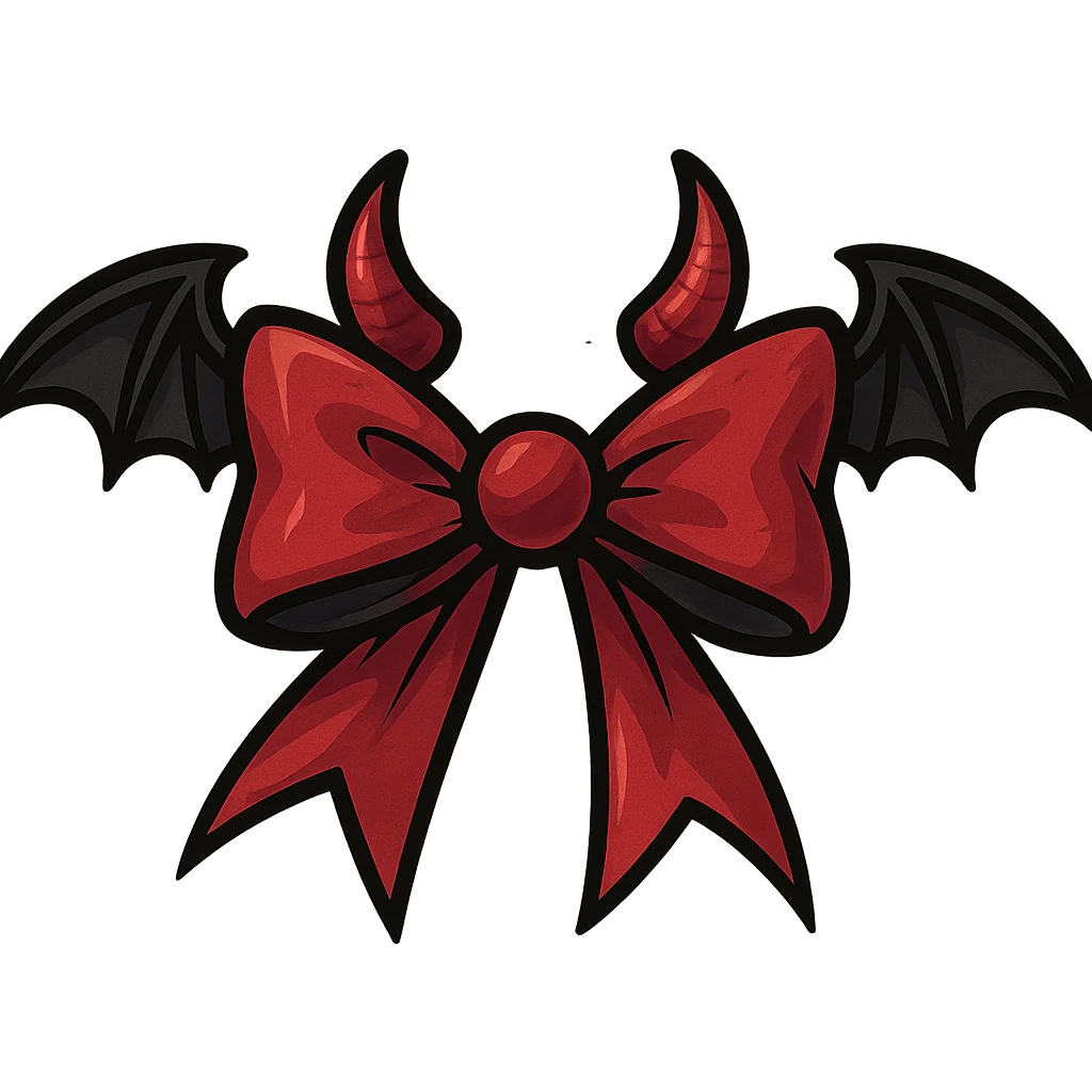 devil bow, red and black colors, small horns on the bow, pointed ends, mischievous vibe, bat wings emoji