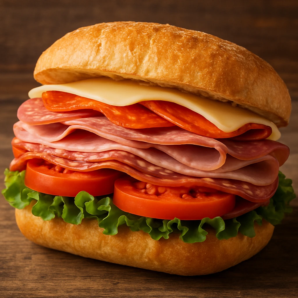 an Italian sandwich with layers of meats, cheese, lettuce, tomato, and a crusty roll, appetizing and colorful emoji
