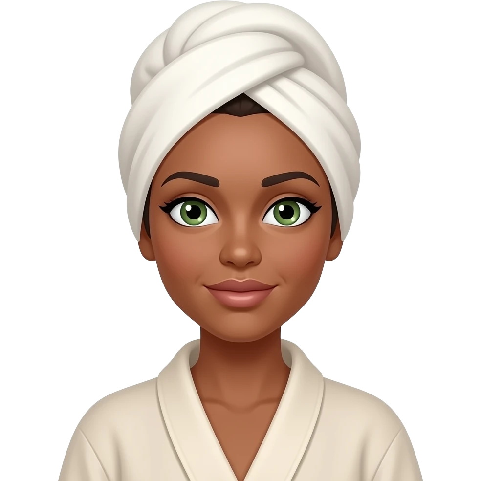 a woman with olive skintone using a robe and a towel on her head with green eyes but normal size and smaller lips and smaller eyes emoji
