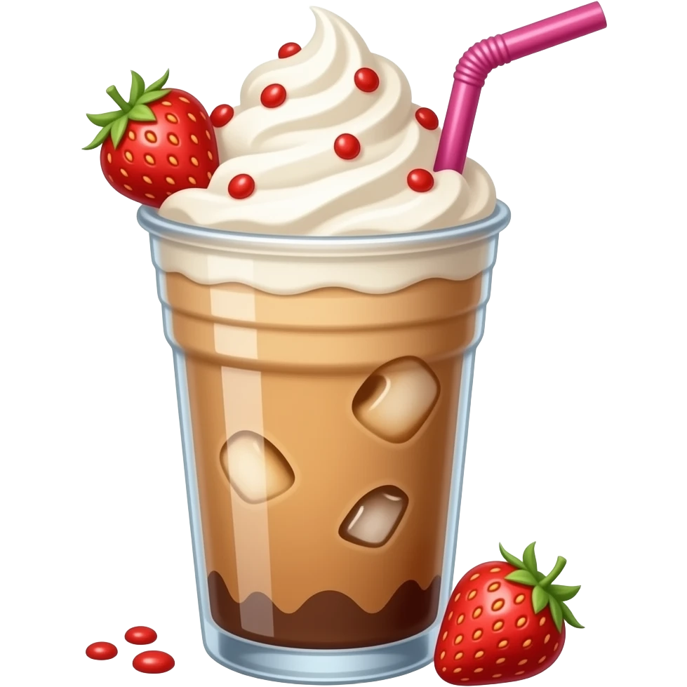 Iced caramel latte with strawberry whipped cream and pink straw emoji
