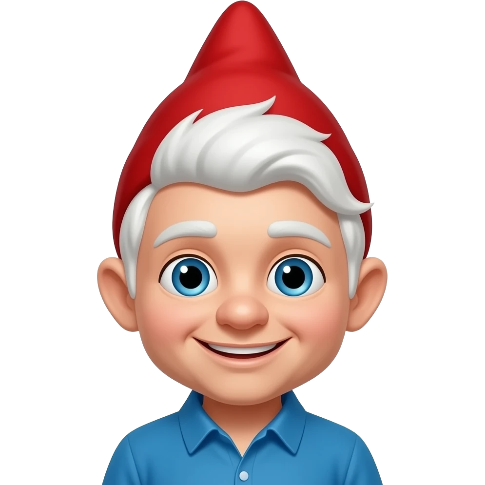 A smiling Gnome with a white heard, blue eyes, blue shirt and a red pointed hair emoji