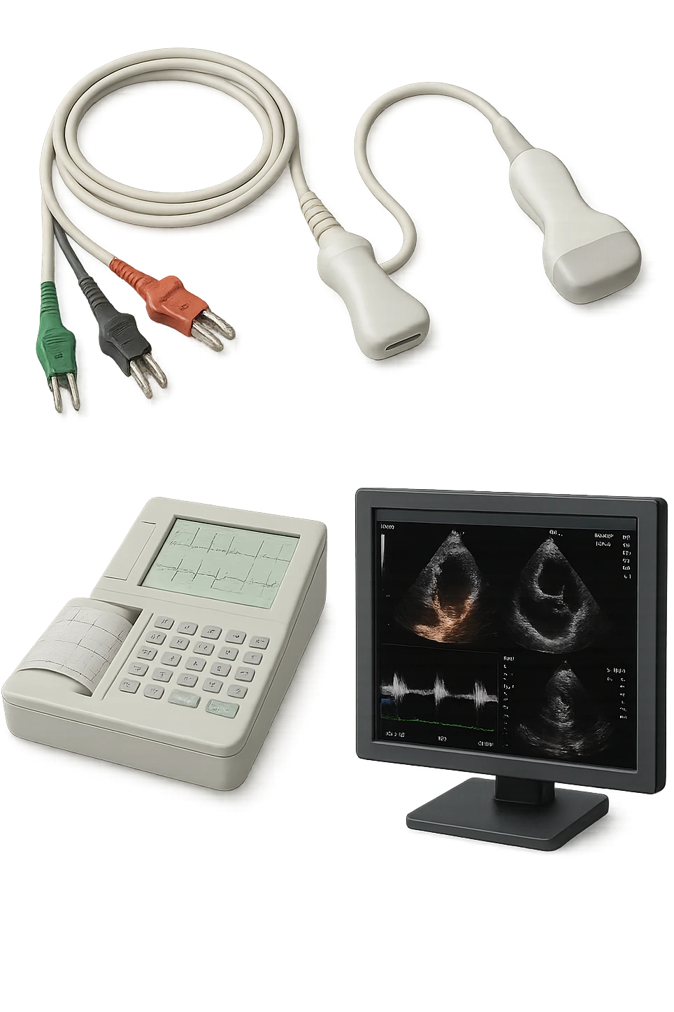 STRUMENTI MEDICI PER FARE ECG e ecocardio, iperrealistico 4k, isolato su sfondo bianco emoji