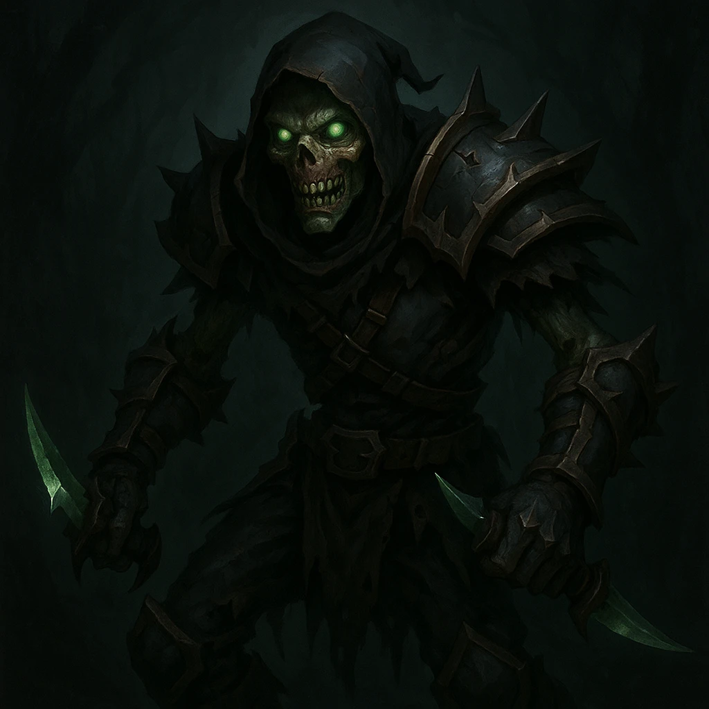 undead rogue, World of Warcraft style, shadowy, sinister, dual daggers, glowing green eyes emoji