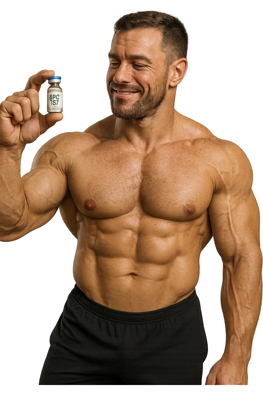 BODYBUILDER A FIGURA INTERA CHE TIENE IN MANO UNA FIALA MEDICA CON la scritta "BPC 157" SULL'ETICHETTA E LA GUARDA SODDISFATTO, iperrealistico 4k emoji