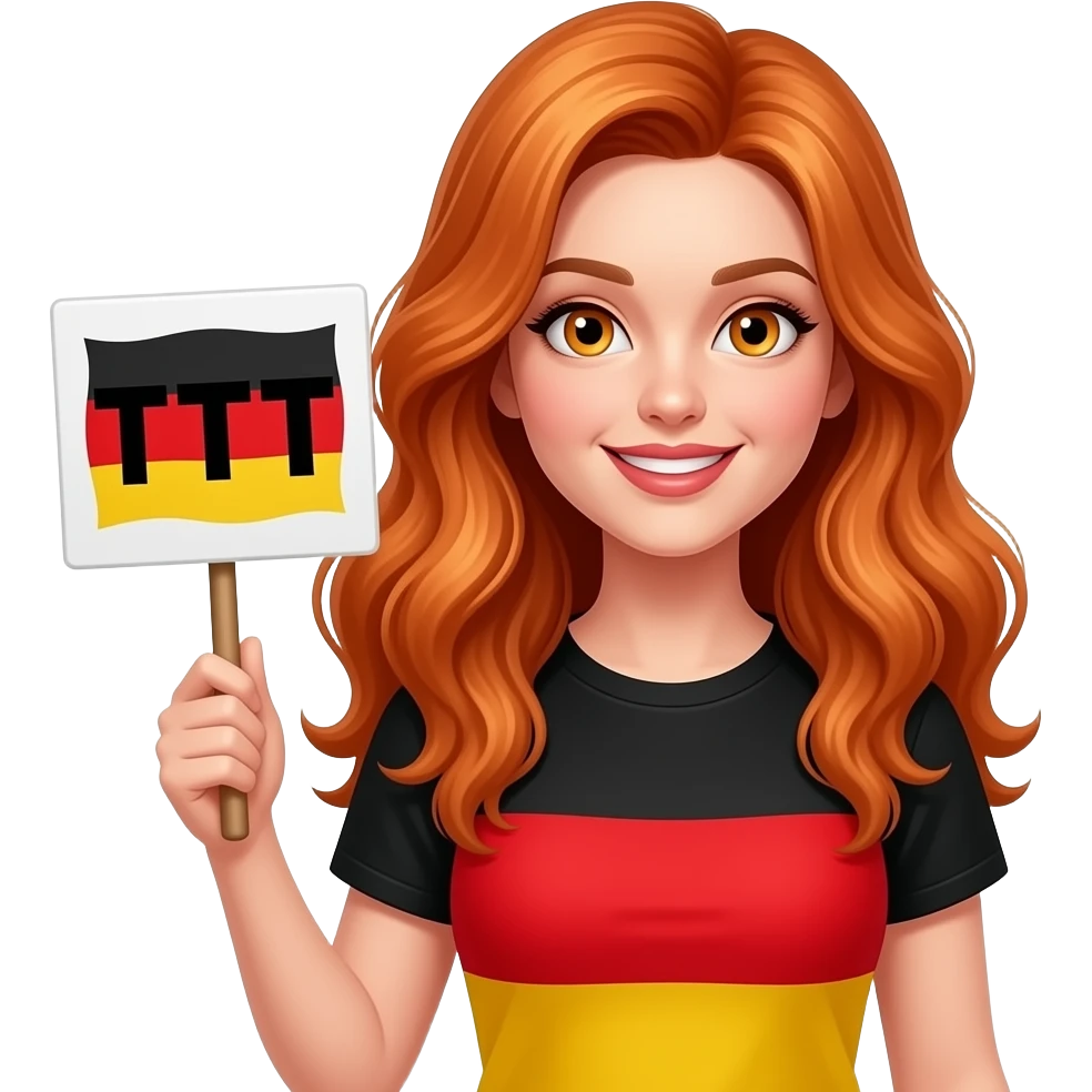 sexy girl with long curvy ginger hair and ginger eyes wearing german flag is holding a TTT sign emoji