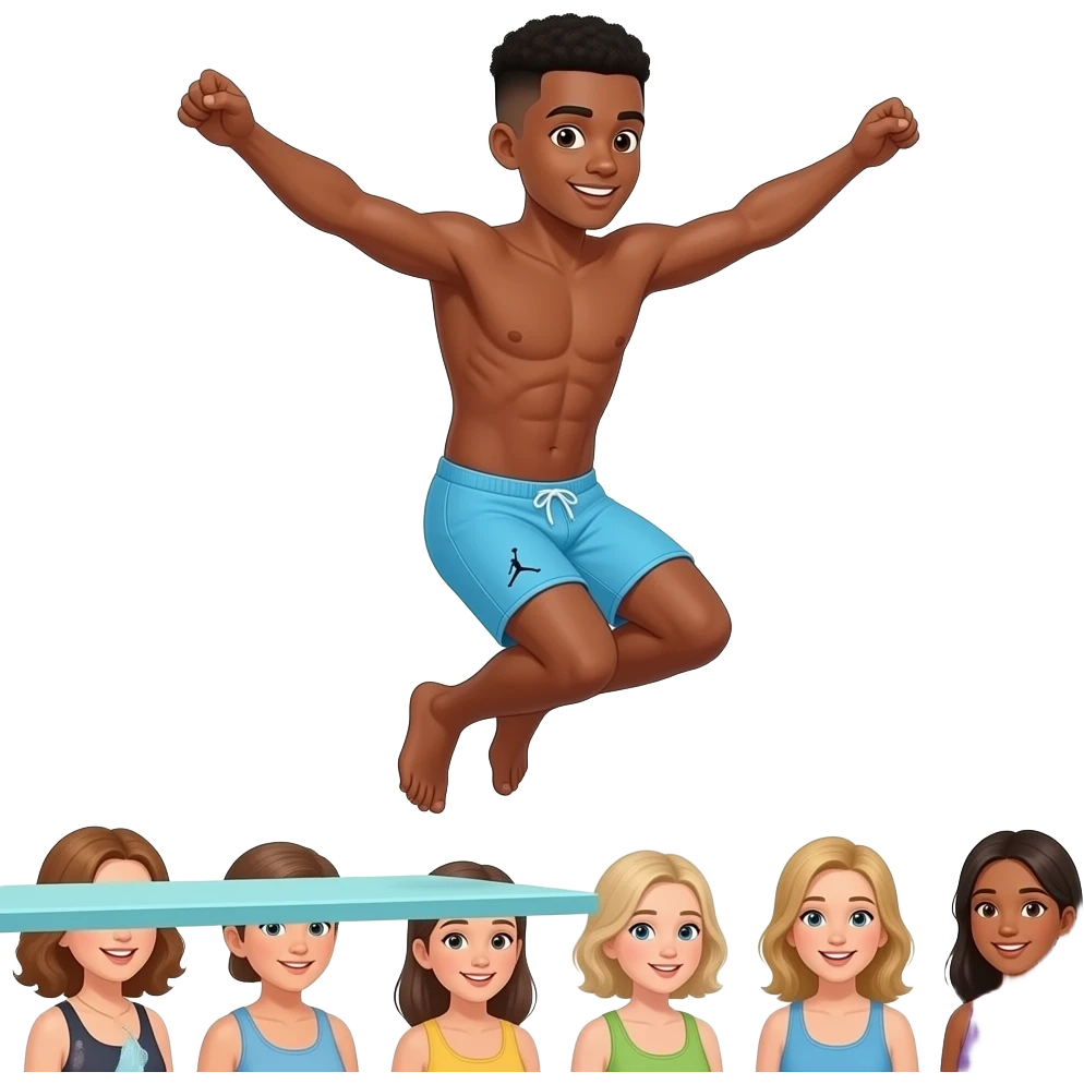 make a black skinned 20 year old man in a brown low taper fade with no shirt bunch of abs jumping off the high diving board in light blue jordan swimtrunks and a bunch of girls are watching him from below emoji