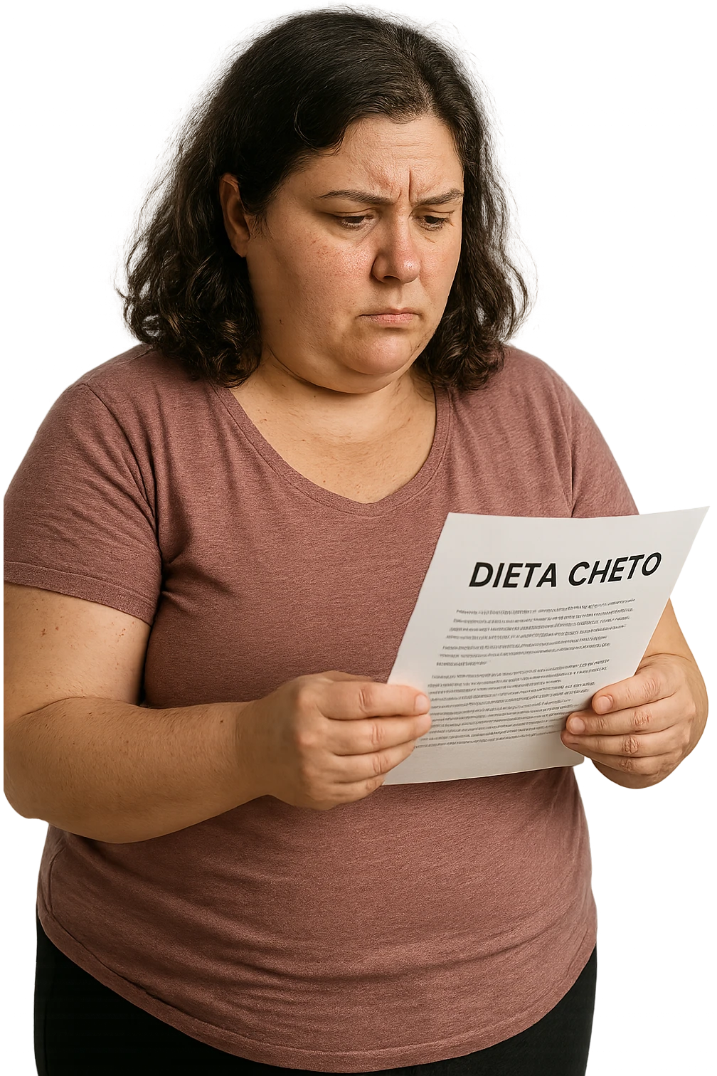 donna realistica leggermente in sovrappeso che legge un foglio con la scritta "dieta Cheto", sfondo bianco, iperrealistica 4k, IPERREALISTICA 4K emoji