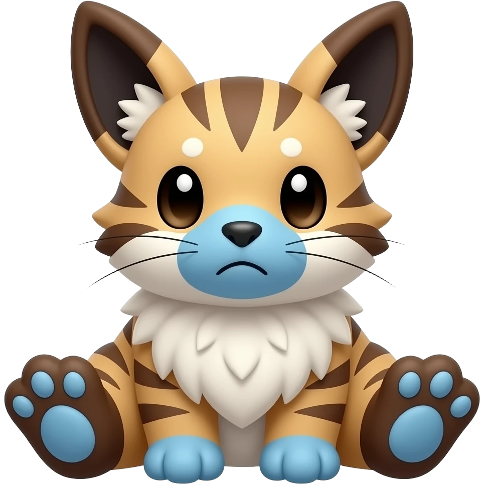 puffy fluffy-pawed thick bushy soft realistic innocent sad pretty precious cute young brown-and-white-striped Fakémon-Pokémon-feline-Zeraora-Jolteon-serval-caracal-chinchilla-Minccino-Cinccino-Meowstic-rodent-hybrid-creature (full body) with blue muzzle, blue paws, tufted ears emoji