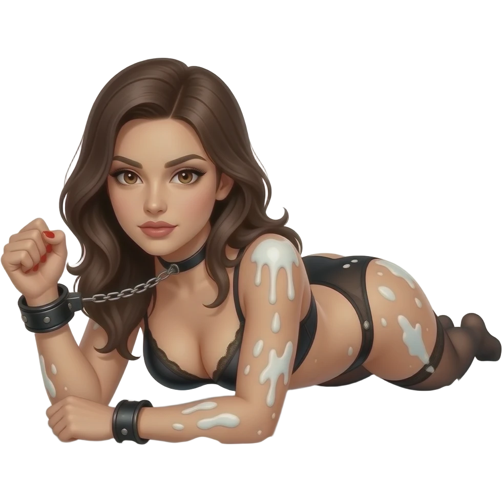 Sexy brunette brown eyes laying on stomach on knees legs wide in black lingerie covers all over with splattered chunky whitecake batter with clenched fist and one red nails black leather hand cuffs emoji