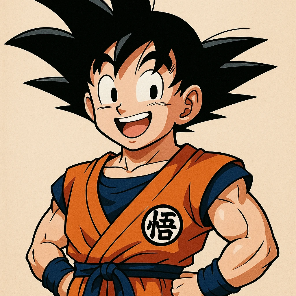 Son Goku, spiky black hair, orange martial arts gi, cheerful expression, iconic anime style emoji