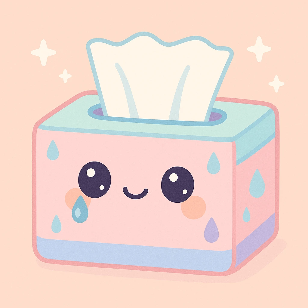 a tissue box designed for wiping tears, with a gentle and comforting look, soft pastel colors, subtle teardrop motif emoji