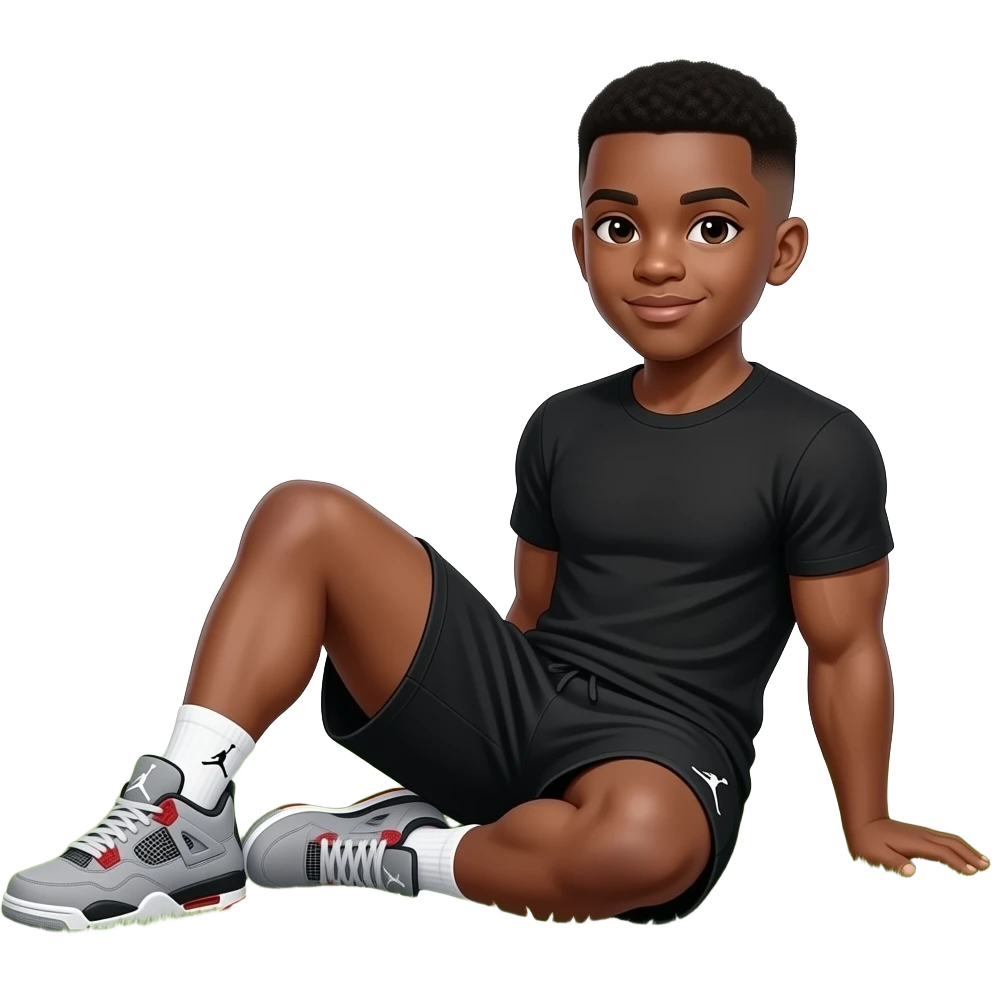 make a cute 22 year old boy who’s skin color is black and has a black low taper fade and he has a black t shirt on with giant muscles and he has black jordan shorts on and he is wearing grey jordan 4’s and he is relaxing on the grass looking hot emoji
