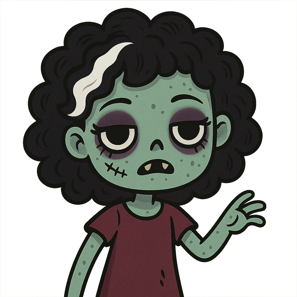 cute cartoon zombie girl, black curly hair with a white streak, creepy face, makeup details emoji
