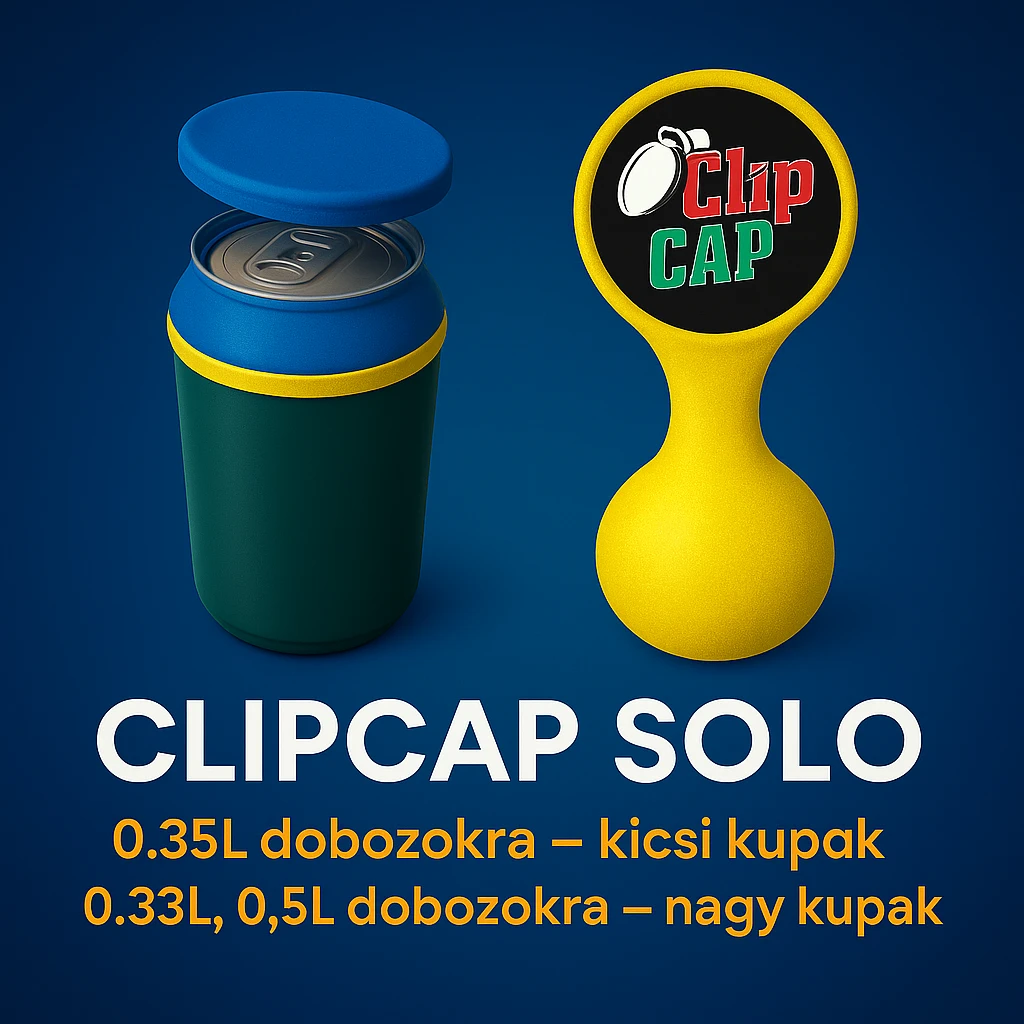 A kupakokat színezd át kékre. A CLIPCAP DUO felírat helyett CLIPCAP SOLO felírat legyen, a "kicsi és nagy kupak a csomagban" szöveg helyett "0.25L dobozokra - kicsi kupak" és a "0.33L,0.5L dobozokra - nagy kupak" külön sorban. A 0.25L, a 0.33L, a 0.5L-t ponttal írd! emoji