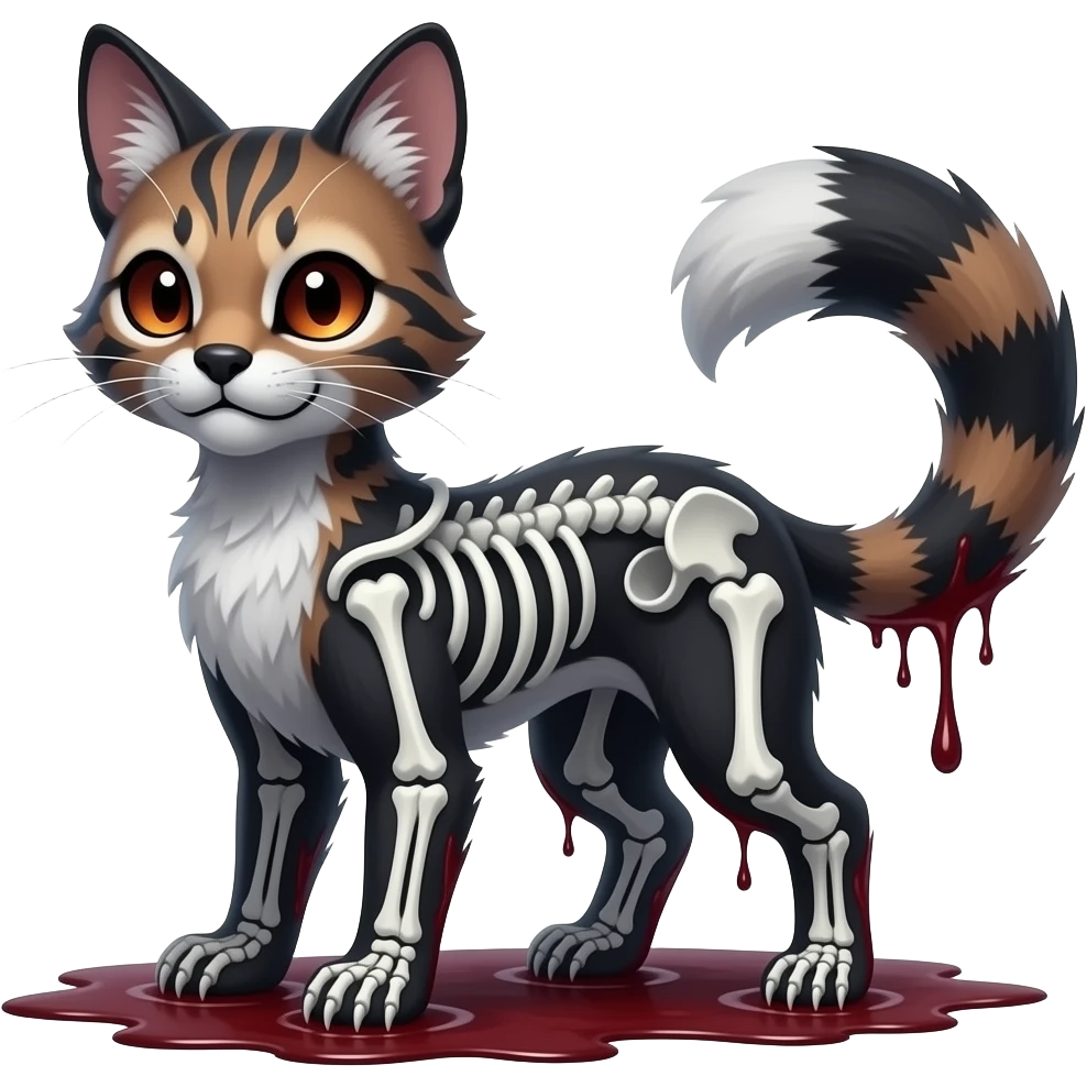 swampy ghostly dull spectral edgy spooky bloody meager thin cool beautiful skeleton-fantasy-caracal-civet-genet-sergal-vernid-Cacomistle-oncilla-animal-Fakémon-hybrid-fursona (full body) emoji