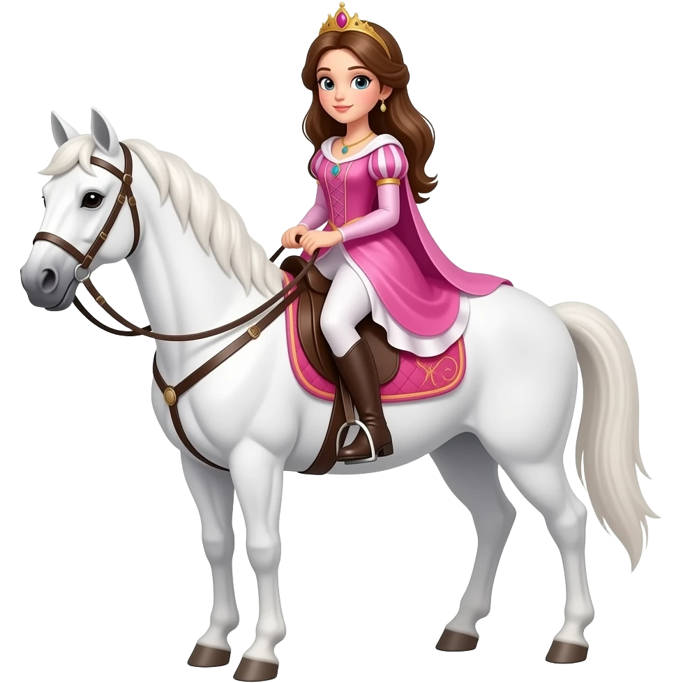 brown hair, brown eyed princess woman is riding a white horse emoji